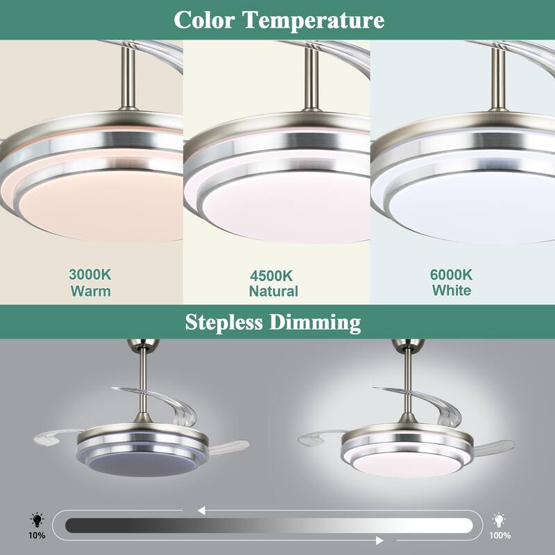 Cusp Barn 42 Inch Retractable Ceiling Fan with Lights, Modern Silent DC Motor 6 Speeds Chandelier Ceiling Fan for Bedroom