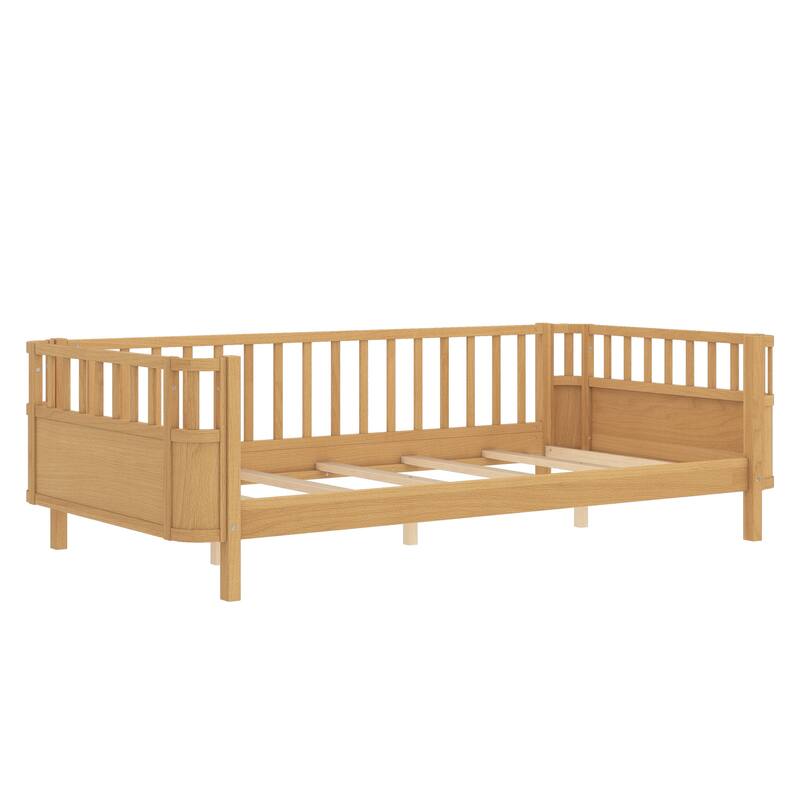 Multi Size Low Platform Bed for Kids with Rounded Corners Guardrails, Detachable Right-side Fence and Open Left-side Design