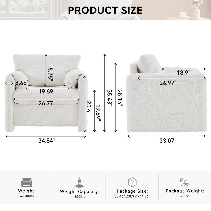 Fixed-Modern Accent Chair - Plush Chenille Single Seater in Ivory White