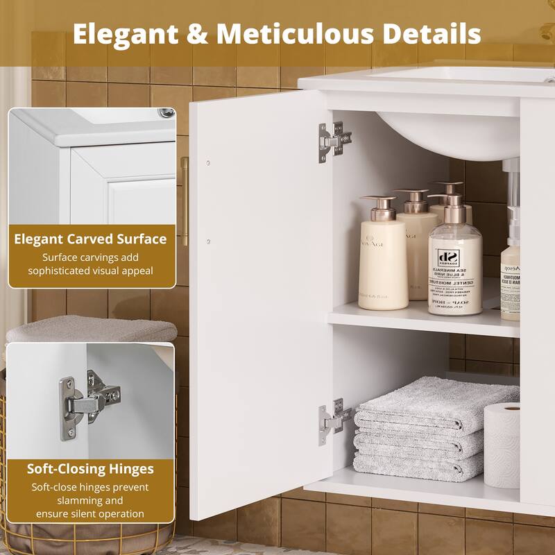 Wall Mounted Bathroom Vanity with Ceramic Sink, 20" Small Floating Bathroom Cabinet with Side Cabinet, White - 20 Inch