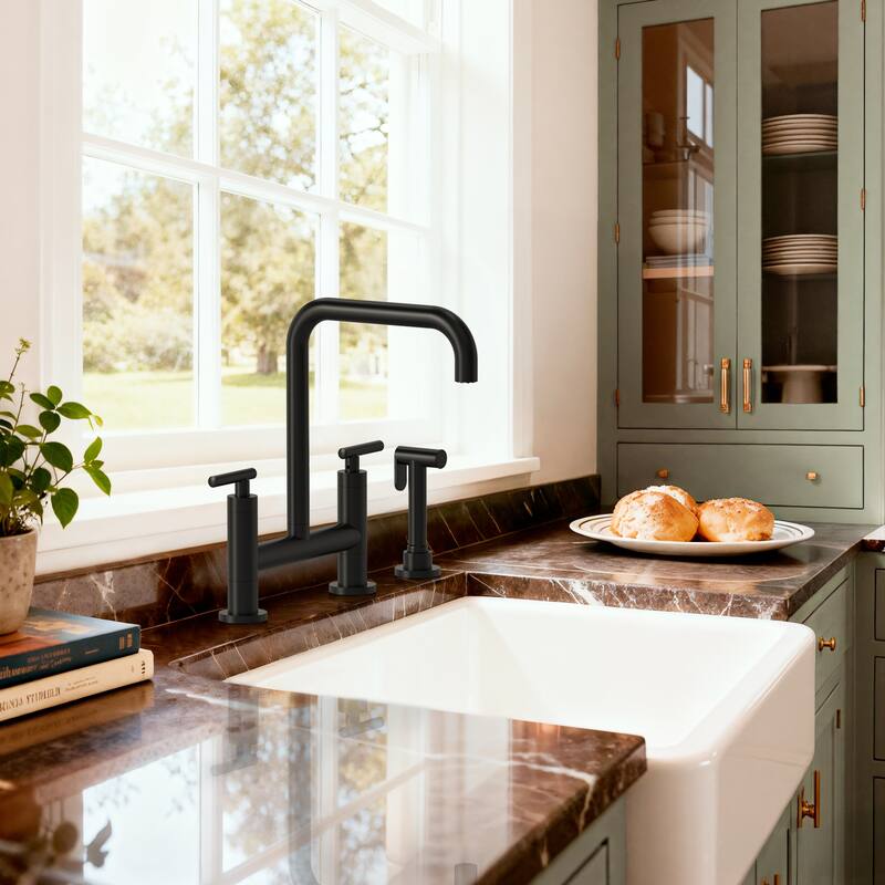 2-Handle Deck Mount Kitchen Faucet 2-Hole Bridge Kitchen Faucet with Side Sprayer - Matte Black