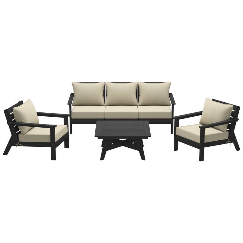 Birchwood All Weather HDPE Outdoor Patio Black Deep Seating Conversation Set (6-Piece Set)
