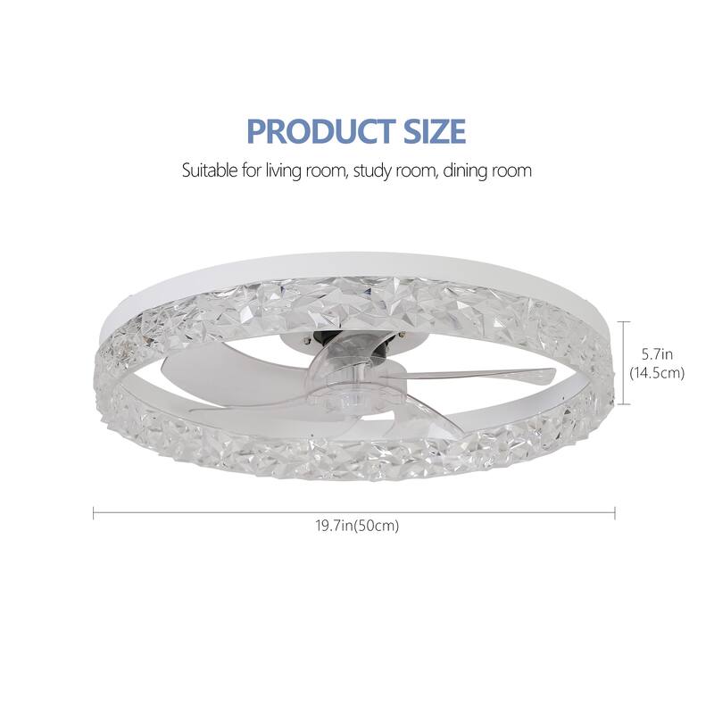 Acrylic Ceiling Fan Light with Remote Control, Dimmable LED Chandelier, 6-Speed Adjustable, Quiet Motor, Flush Mount Design