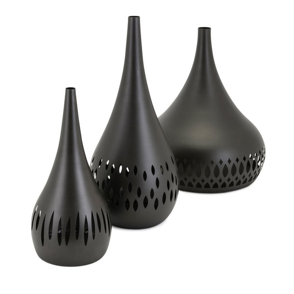 Metal Slim Neck Vases with Cut Out Pattern Work, Black, Set of Three
