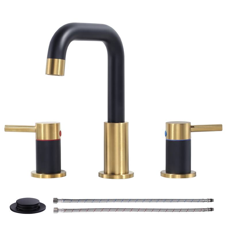 WOWOW 8 in. Widespread Double Handle Bathroom Faucet with Pop-Up Drain - Gold and Black