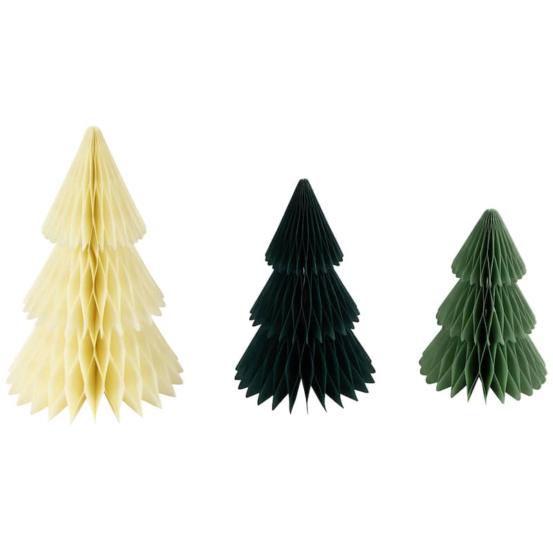 Accordion Honeycomb Foldable Paper Christmas Trees - 15" - Green and Ivory - Set of 3