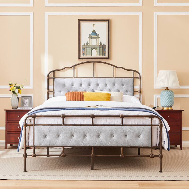 Queen Size Metal Bed with Soft Headboard - Grey