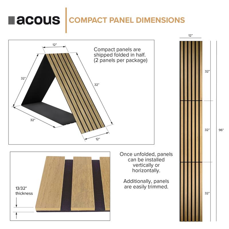 Acous ACF2-70 Foldable Compact 12-in x 96-in x 0.4-in 2 Pack Wall Panels, Light Oak