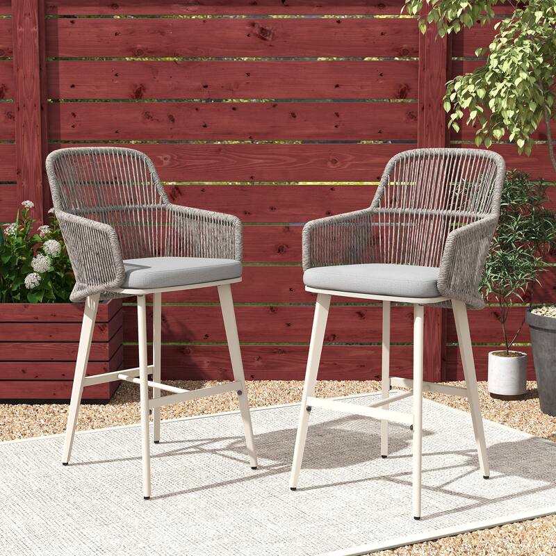 Outdoor 2-Piece Arm Barstool Chairs with Cushions - Light Grey