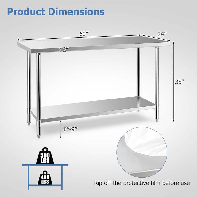 Gymax 24 x 60 Inches Stainless Steel Work Table Kitchen Prep & Work