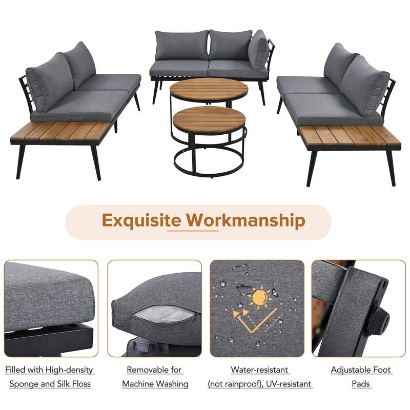 Grey Acacia Wood Outdoor Sectional Sofa Set with Round Nesting Coffee Tables