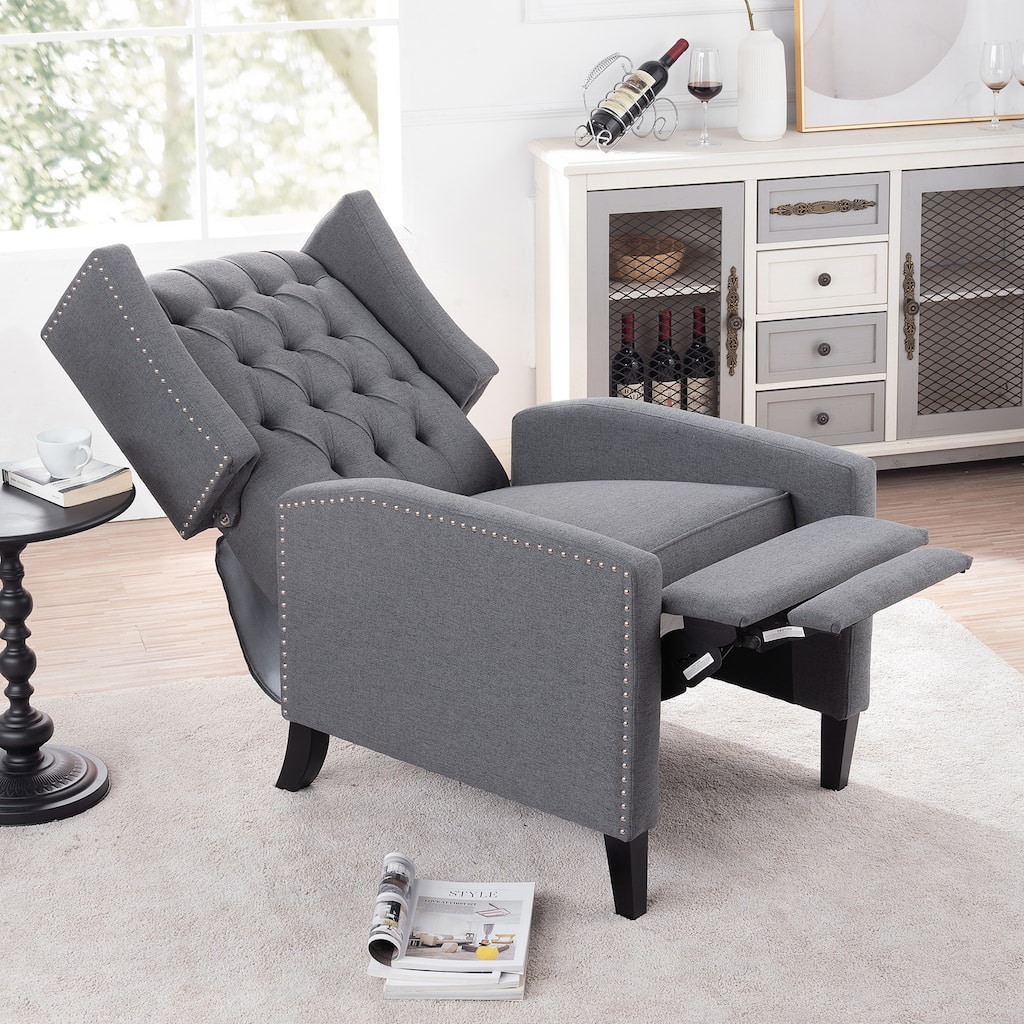 Mid Century Modern Tufted Fabric Wingback Sofa High Back Manual Lounge Recliner Chair with Silver Trim and 3 Gears