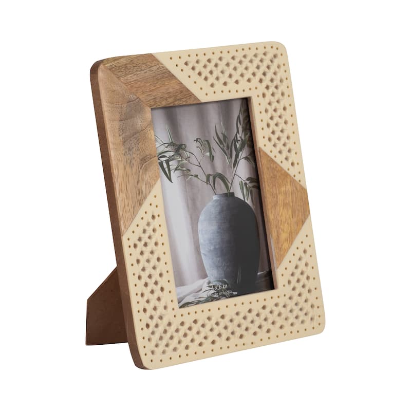 Sagebrook Home Modern Neutral Resin Ivory/Natural Wood and Woven Photo Frame