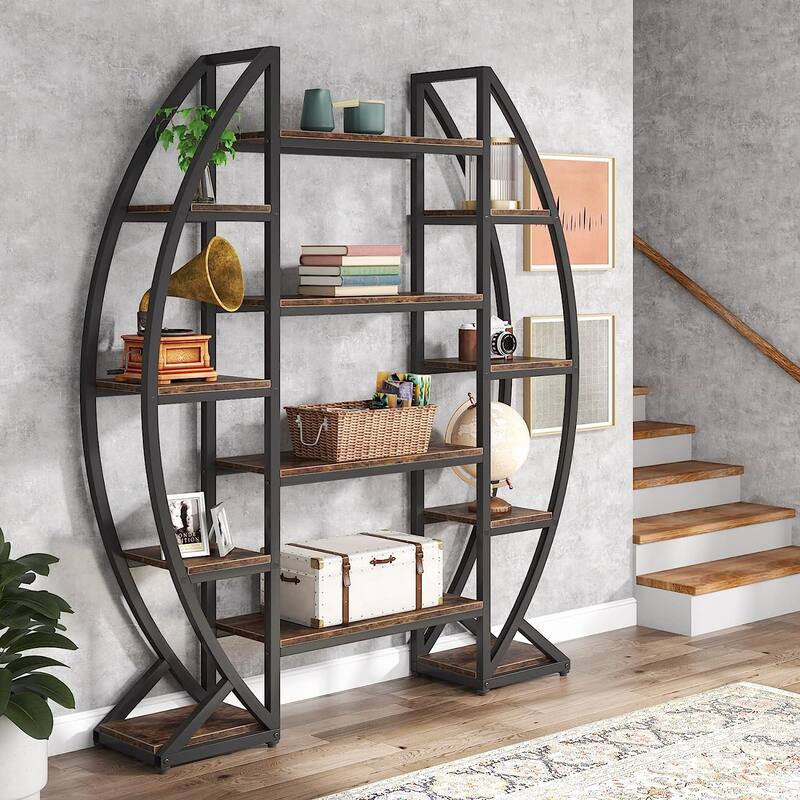 Industrial Bookshelf, Oval Triple Wide 5 Tiers Etagere Bookcase - 11.81"D x 55.11"W x 69.68"H - Brown