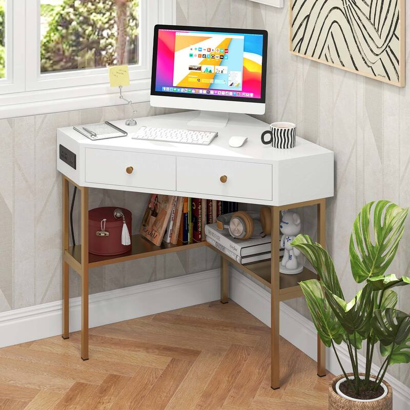 Costway Corner Desk with Built-in Charging Station Storage Drawers &