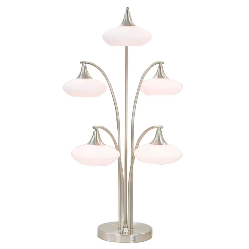 31 Inch Table Lamp, 5 Dome Shape Shades, Glass, Sand Chrome Finished Metal - Chrome, White