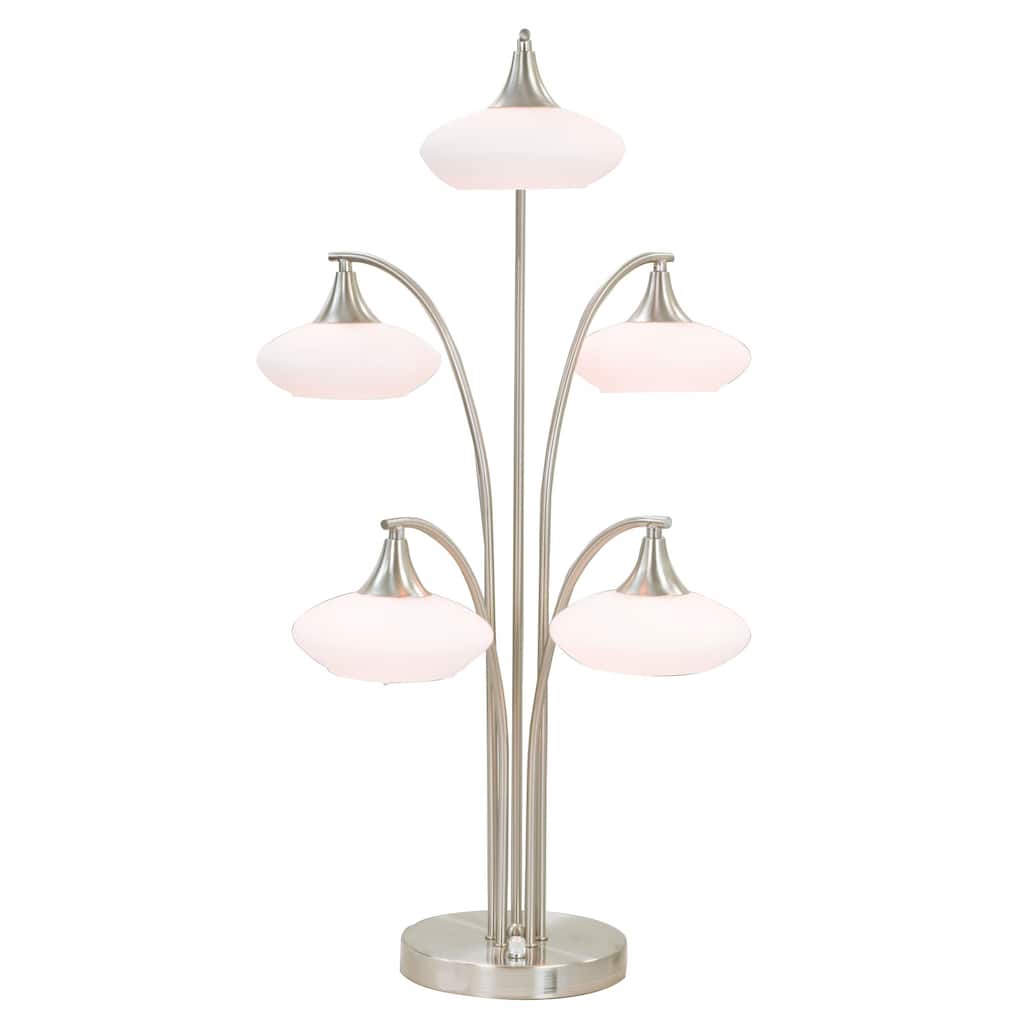 31 Inch Table Lamp, 5 Dome Shape Shades, Glass, Sand Chrome Finished Metal