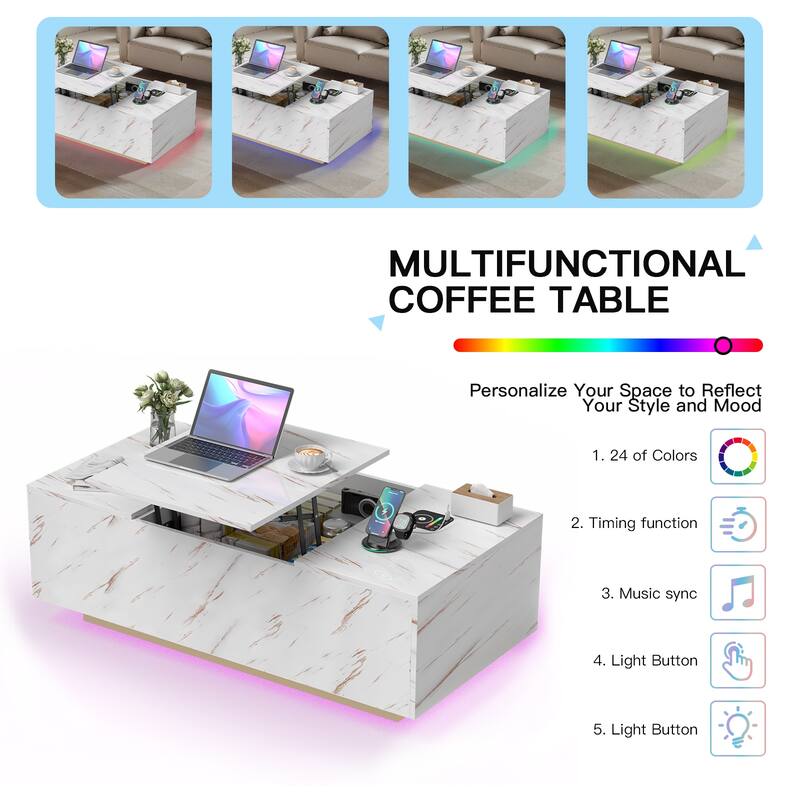 Pocassy LED Coffee Table 47.2" Coffee Tables with Storage Shelf