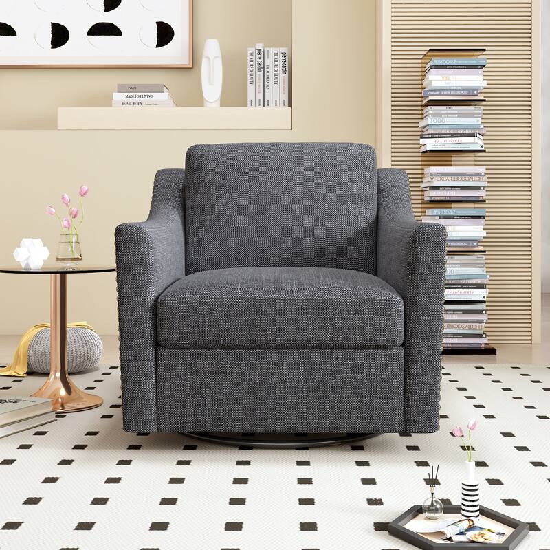 Oversized Swivel Accent Chair, Cotton Linen Fabric Upholstered Armchair, Single Sofa Chair with Brass Nailhead Trim