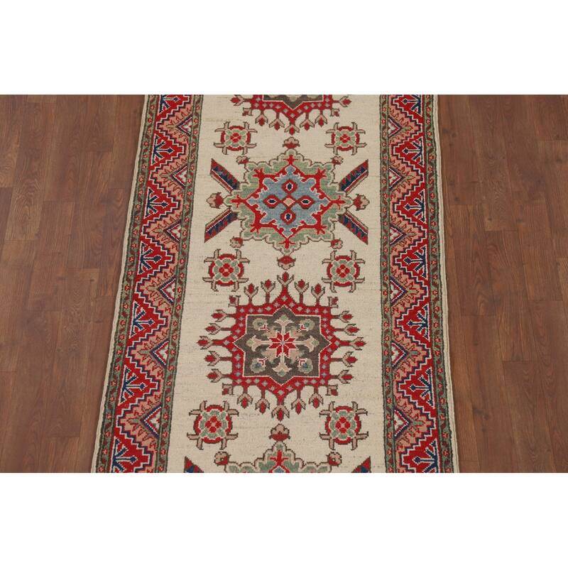 Hand Knotted Oriental 100% Wool Carpet Traditional Geometric Beige & Ivories Kazak Runner Rug - 12' 8'' X 2' 9''