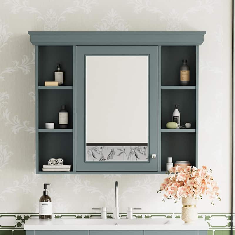 35'' X 28'' Blue Wall Mounted Bathroom Storage Cabinet With Mirror Door
