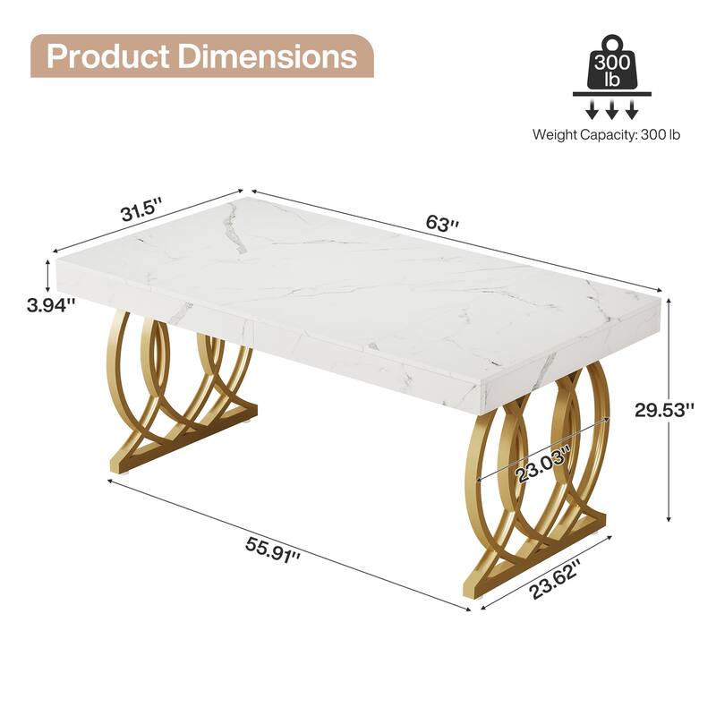 63 Inch Modern Computer Desk, White and Gold Office Executive Desk