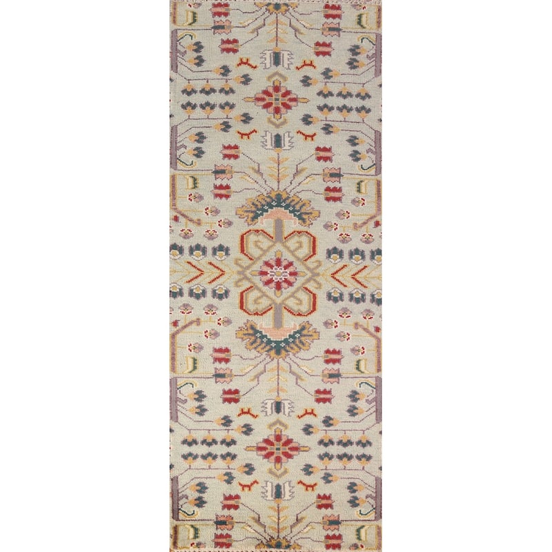 All-Over Muted Green Oushak Runner Rug Hand-Knotted Wool Carpet - 2'6" x 7'10"