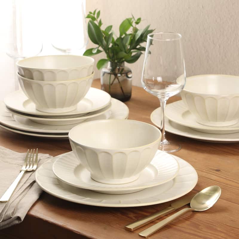 Gibson Elite Winchester Way 12-Piece Embossed Stoneware Dinnerware Set - Reactive, Durable Lightweight- Plates & Bowls Set