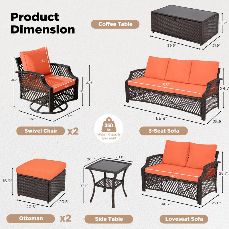 Outdoor Wicker Patio Set w Swivel Chairs & Sofa, Ottomans and Tables, Modular 3/5/6/7-Piece, All-Weather Conversation Set.