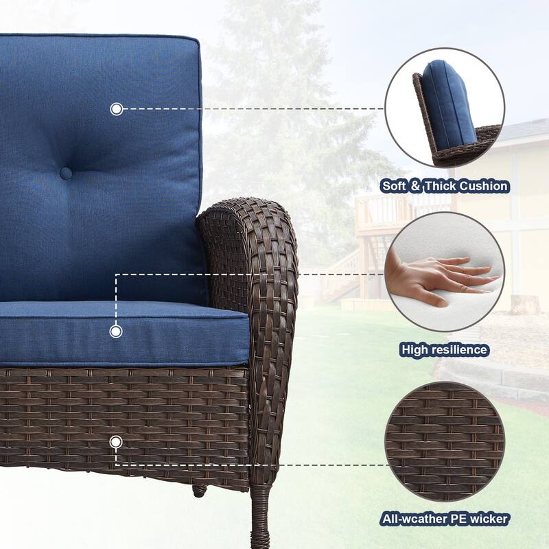 PlainCurve 7-Piece Brown Wicker Patio Fire Pit Sofa Seating Set with Olefin Cushions