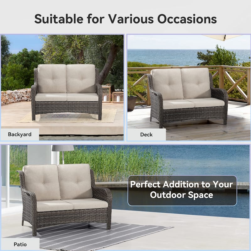 Cozywor Brown Wicker Outdoor Patio Loveseat with Cushions