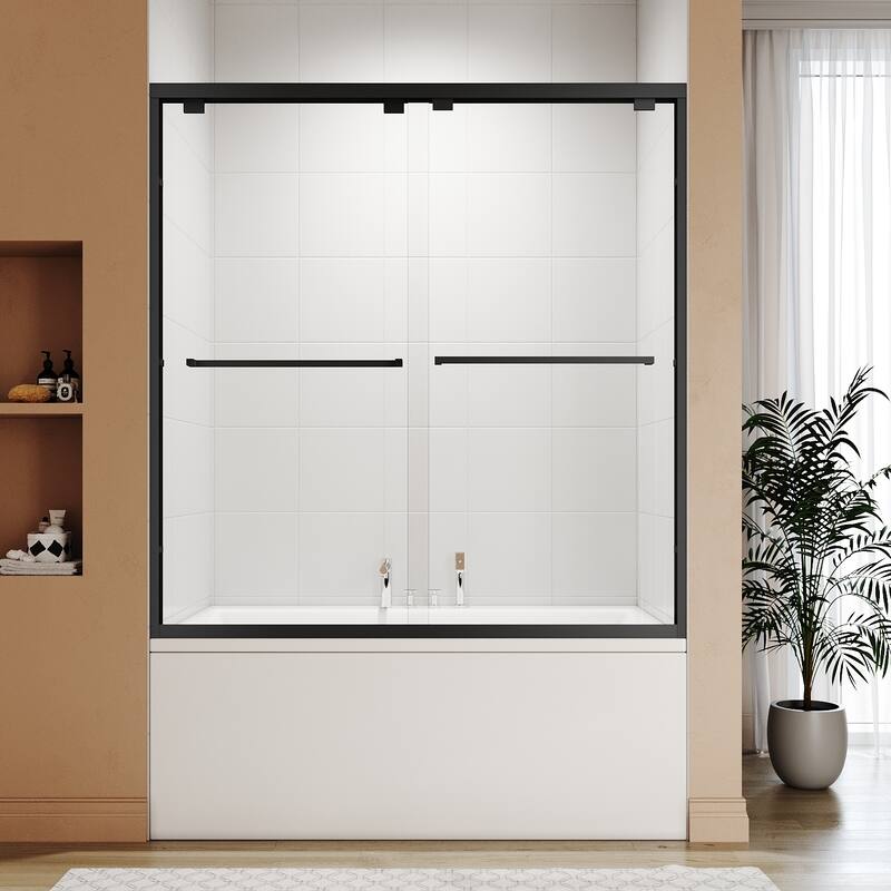 Elegant Double Sliding Shower Door with 1/4 inch Clear Tempered Glass in Matte Black Tub Door - 60" W x 62" H