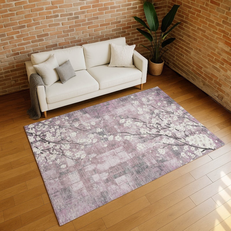 Machine Washable Indoor/ Outdoor Modern Floral Chantille Rug