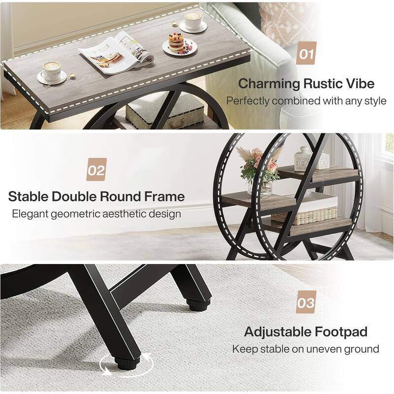 25.59" Industrial Narrow End Table with 3-Tier Storage Shelves