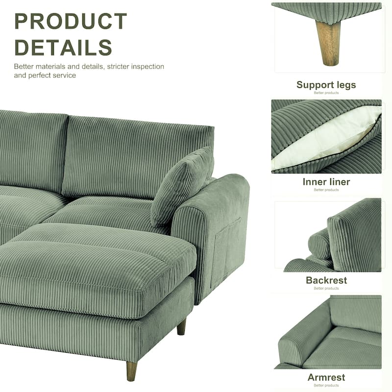 Roomfitters Modern Corduroy Modular Sectional Sofa, U-Shaped Convertible 6-Seat Sofa Set with Footstool and Pillows, Olive Green