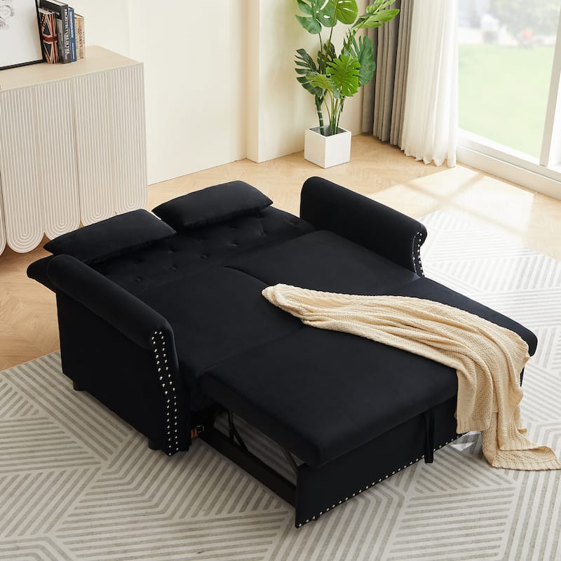Velvet Pull Out Loveseat Sofa Convertible Sleeper Loveseat Bed with 2 Pillows Rivet Arm Lounge Couch Tufted Sofa