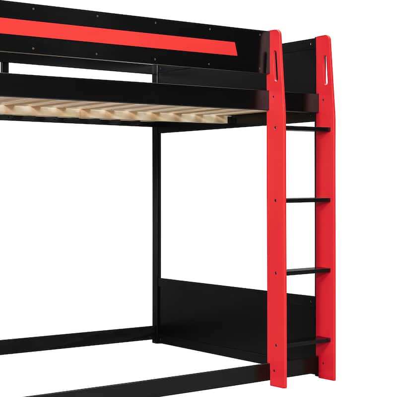 Esports Loft Bed Full Over Full Bunk Bed Frame with Side Mounted Desk, Light Strip, Charging Station and Cable Grommet