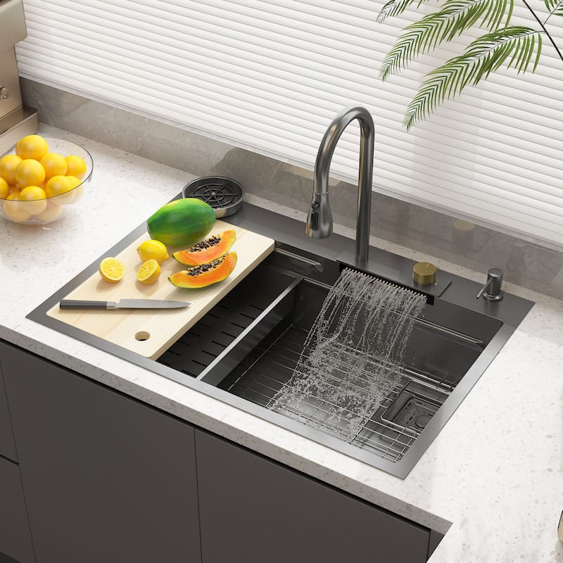 32.2"W Apron Single Bowl Workstation Kitchen Sink 304 Stainless Steel