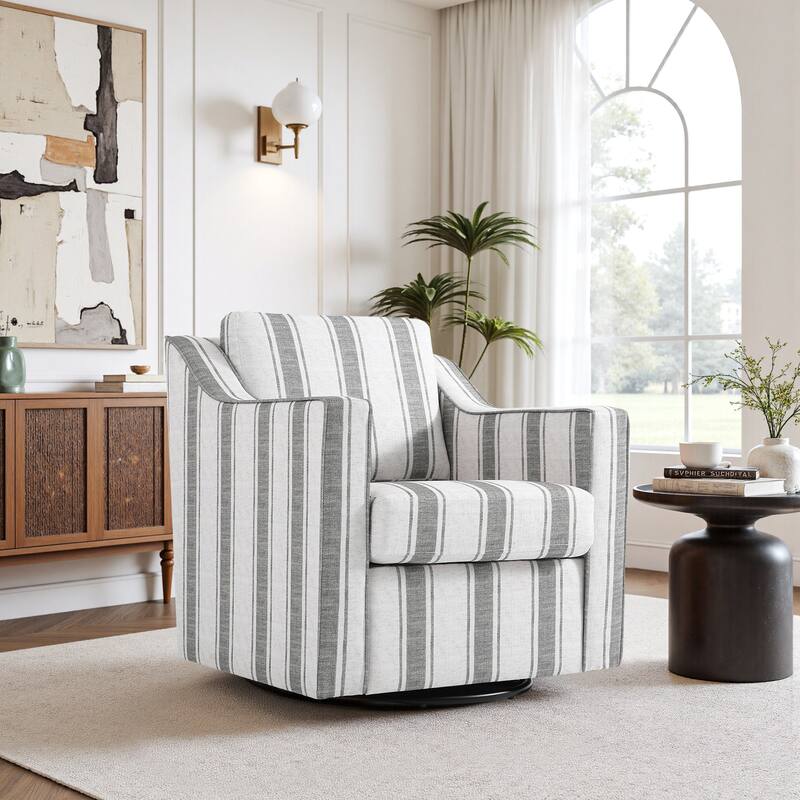 30'' W Vegan Leather/ Chenille Swivel Accent Chair - Stripe Grey-Linen