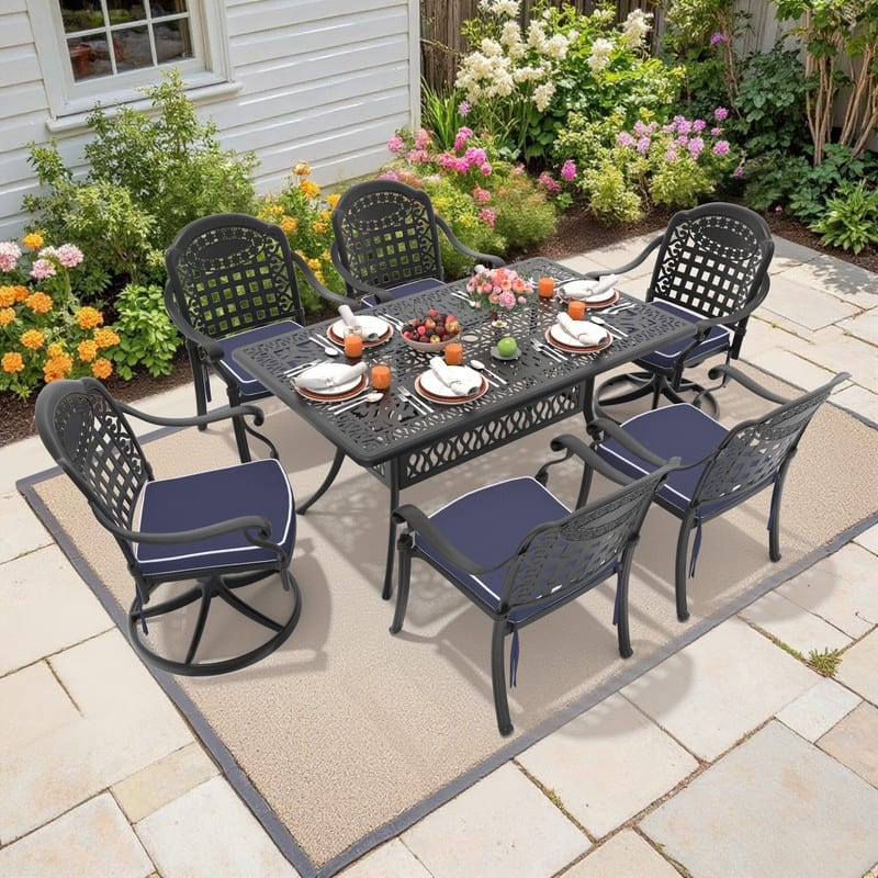 7-Piece Outdoor Dining Set with 1 Table and 6 Chairs, All-Weather Aluminum Outdoor Patio Sets - Black