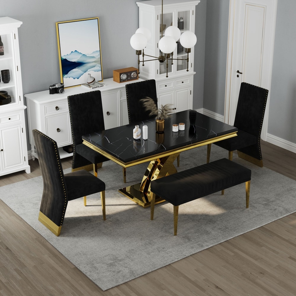 Stylish Modern X Cross Base Dining Room Table Set with Gold Dining Chairs