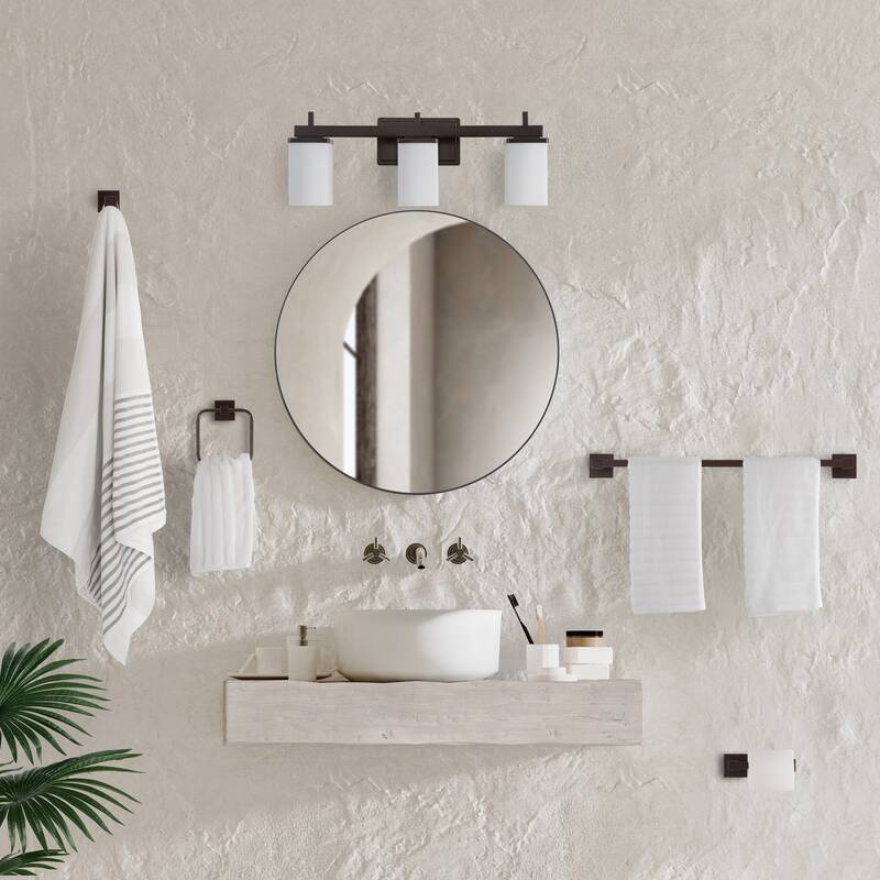 Liam 22.38" 3-Light Modern Vanity Light with Frosted Glass Shades and Bathroom Hardware Accessory Set, (5-Piece) by JONATHAN Y