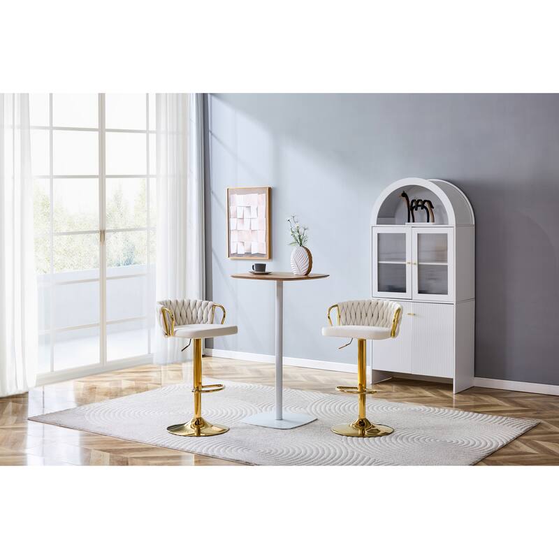 Set of 2 Modern Luxury Swivel Velvet Bar Stools, Adjustable Height with Gold Base & Rope Backrest - Beige