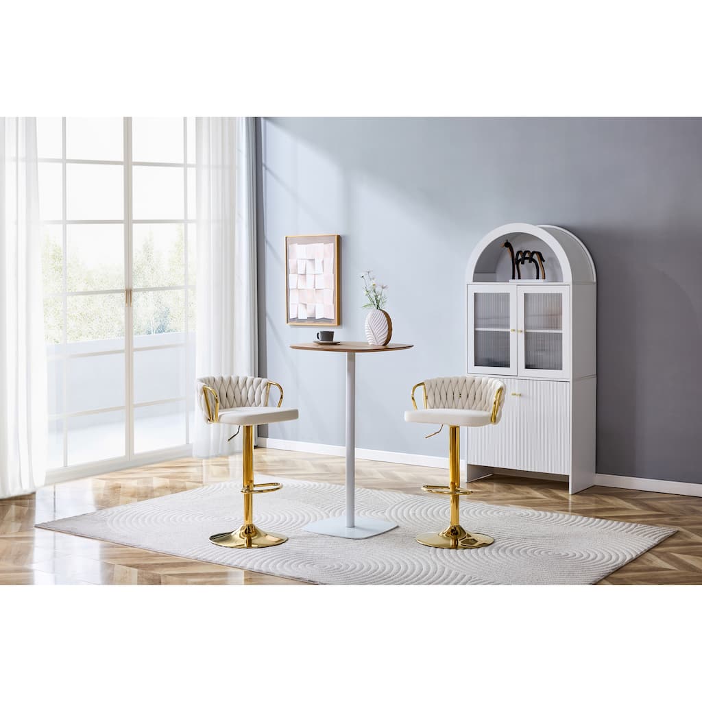 Set of 2 Modern Luxury Swivel Velvet Bar Stools, Adjustable Height with Gold Base & Rope Backrest - Beige