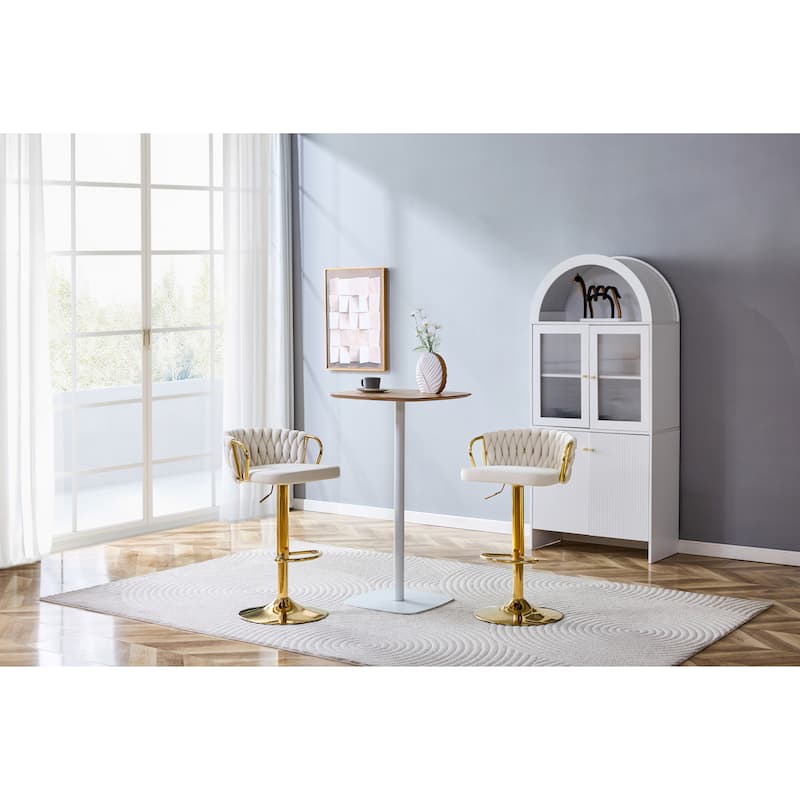 Set of 2 Modern Luxury Velvet Braided Bar Stool with Adjustable Height, Metal Base & Woven Rope Backrest - Beige,Gold