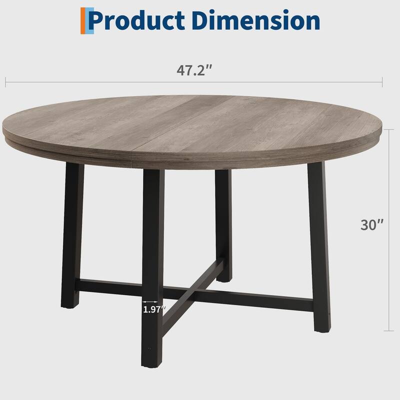 47" Round Dining Table, with Sturdy Metal Frame & Rustic Brown Finish