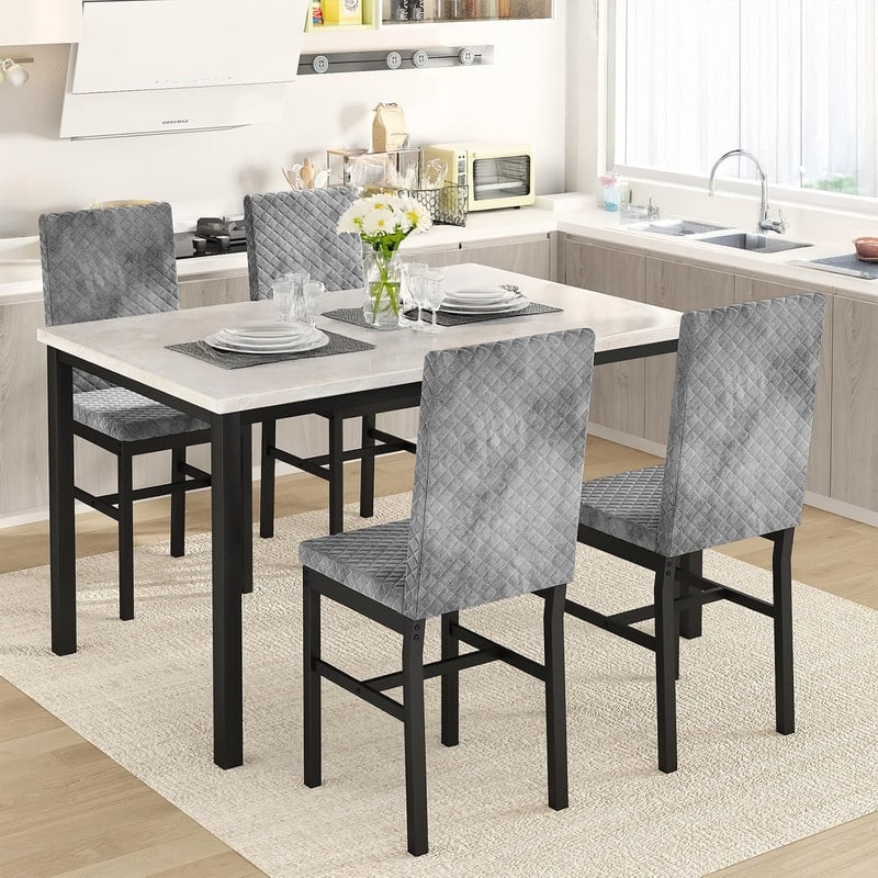 Grondin 5-Piece Dining Room Table Set with Faux Marble Table Top and Diamond Stitching Velvet Upholstery Dining Chairs - Beige Marble Top & Gray Velvet Chair