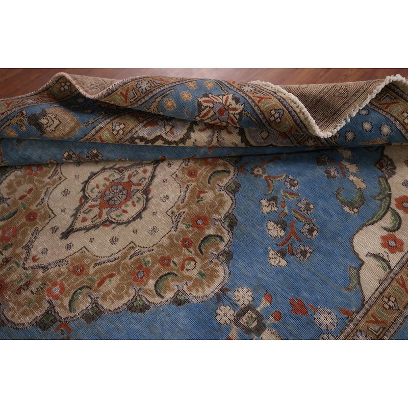 Distressed Blue Tabriz Vintage Persian Area Rug Handmade Wool Carpet - 8'1" x 11'2"