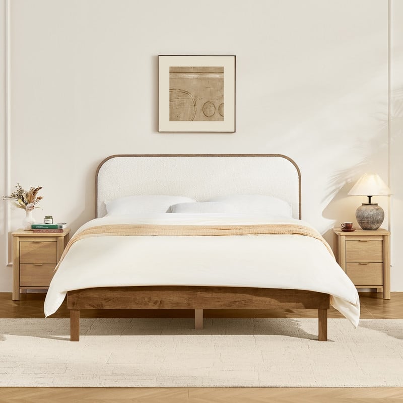 Spruce & Spring Modern Round Boucle Upholstered Platform Bed with Solid Wood Frame - Walnut - Queen