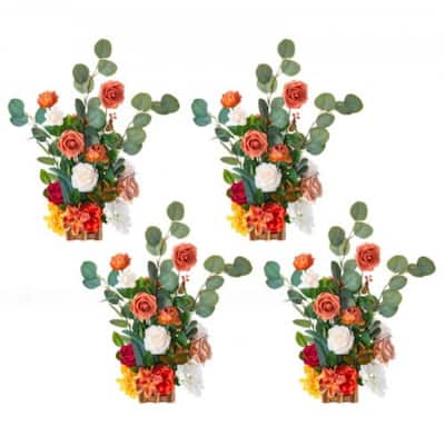Orange Silk Rose Centerpieces Set of 4 with Wood Base for Weddings - 17.7 x 9.8 x 9.8 inch